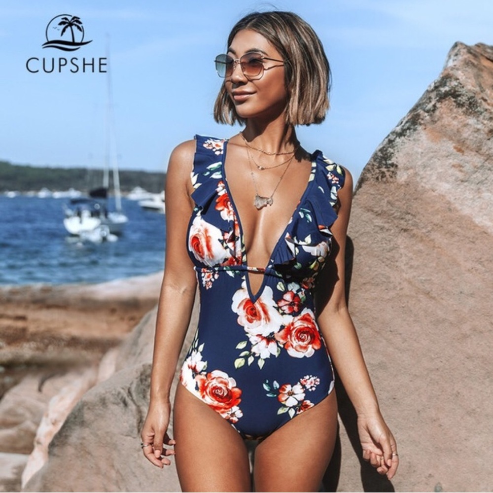 NWT CUPSHE Swimsuit One Piece Floral Ruffled Deep V-neck Navy Blue
